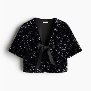 New H&M Sequined Bow-Front Navy Blue Short Sleeve Top